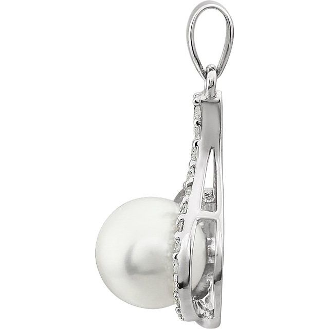 14K White Cultured White Freshwater Pearl & 1/8 CTW Natural Diamond Pendant