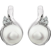 14K White Cultured White Freshwater Pearl & .08 CTW Natural Diamond Earrings