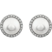 14K White Cultured White Freshwater Pearl  & 1/4 CTW Natural Diamond Earrings