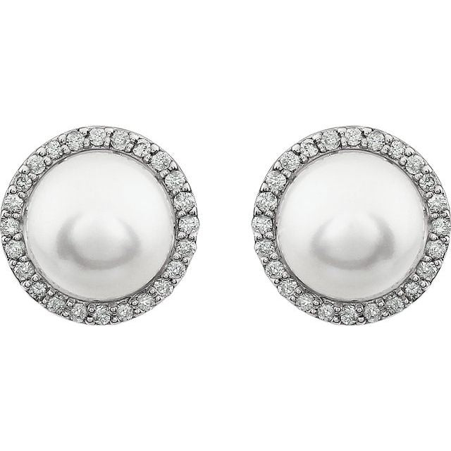 14K White Cultured White Freshwater Pearl  & 1/4 CTW Natural Diamond Earrings