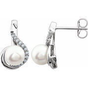14K White Cultured White Freshwater Pearl  & 1/5 CTW Natural Diamond Earrings