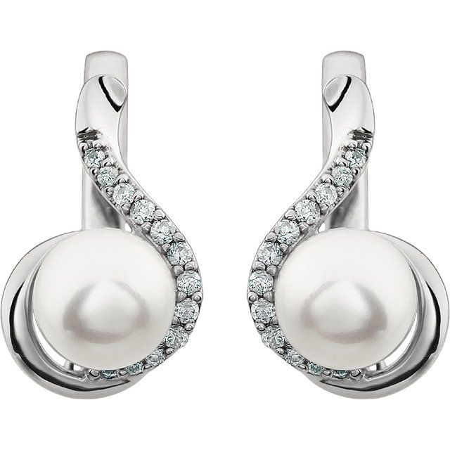 14K White Cultured White Freshwater Pearl  & 1/5 CTW Natural Diamond Earrings