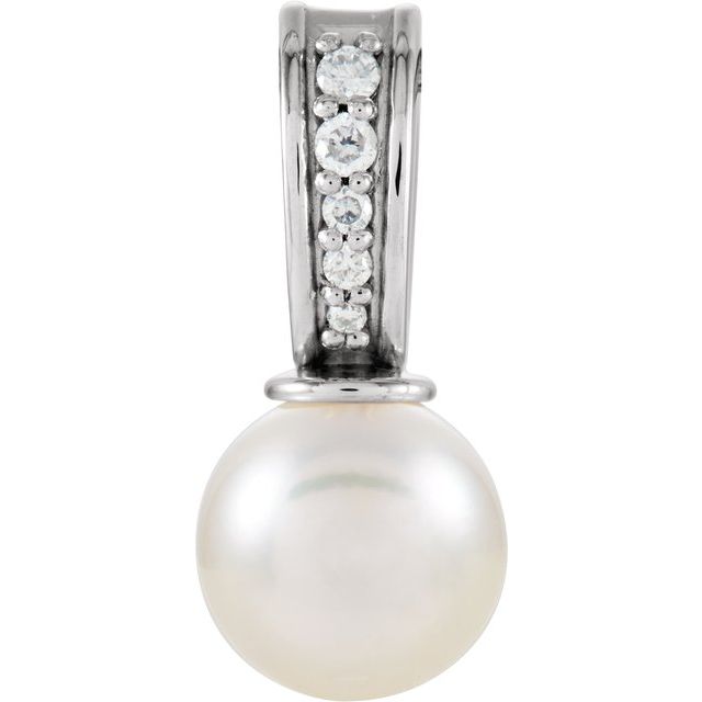 14K White Cultured White Freshwater Pearl & .03 CTW Natural Diamond Pendant