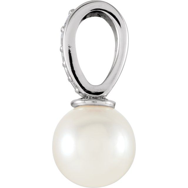 14K White Cultured White Freshwater Pearl & .03 CTW Natural Diamond Pendant
