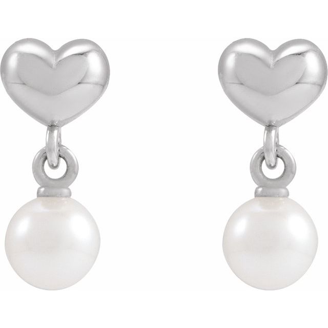 14K White Cultured White Freshwater Pearl & Heart Dangle Earrings