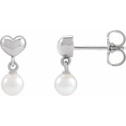 Platinum Cultured White Freshwater Pearl & Heart Dangle Earrings