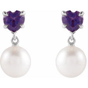 Sterling Silver Cultured White Akoya Pearl & Natural Amethyst Earrings
