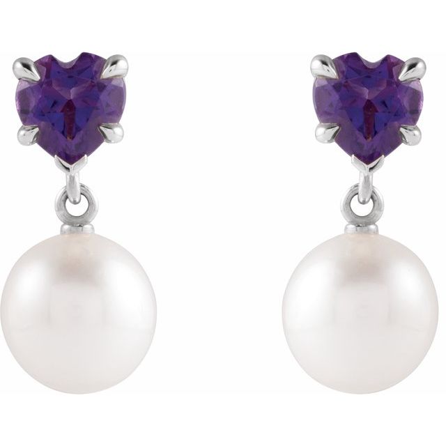 Sterling Silver Cultured White Akoya Pearl & Natural Amethyst Earrings