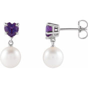 Platinum Cultured White Akoya Pearl & Natural Amethyst Earrings