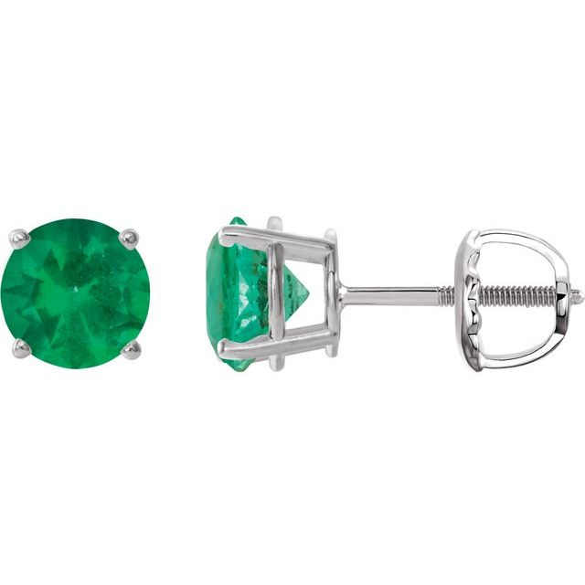 14K White 8 mm Lab-Grown Emerald Stud Earrings