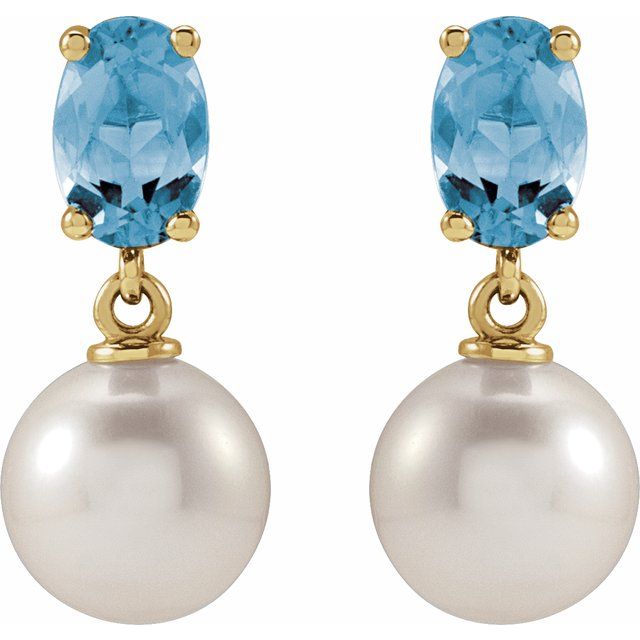 14K Yellow Cultured White Akoya Pearl & Natural Aquamarine