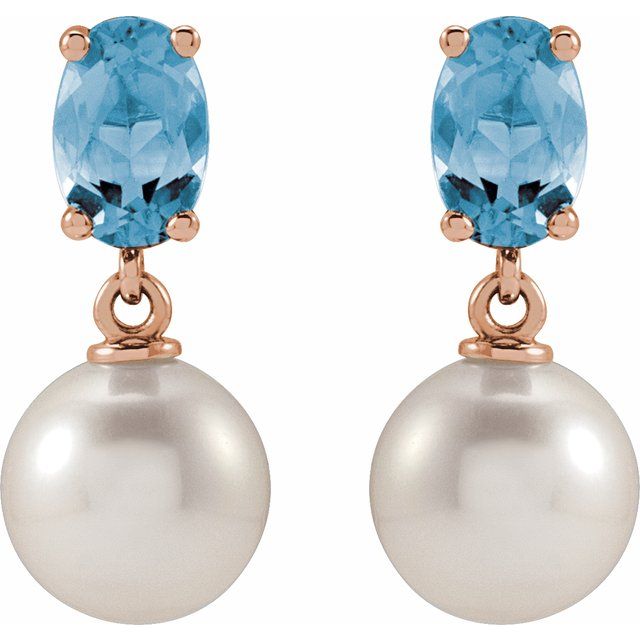 14K Rose Cultured White Akoya Pearl & Natural Aquamarine