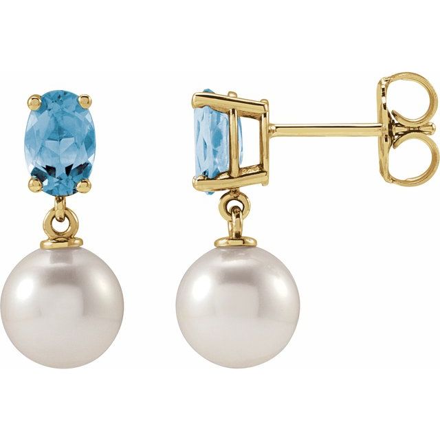 14K Yellow Cultured White Akoya Pearl & Natural Aquamarine