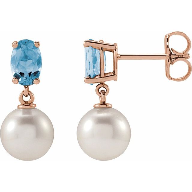 14K Rose Cultured White Akoya Pearl & Natural Aquamarine
