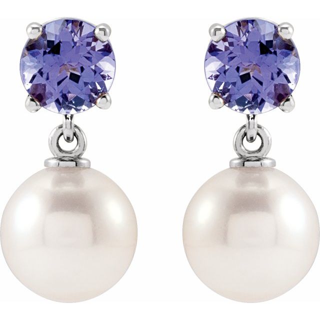 14K White Cultured White Akoya Pearl & Natural Tanzanite