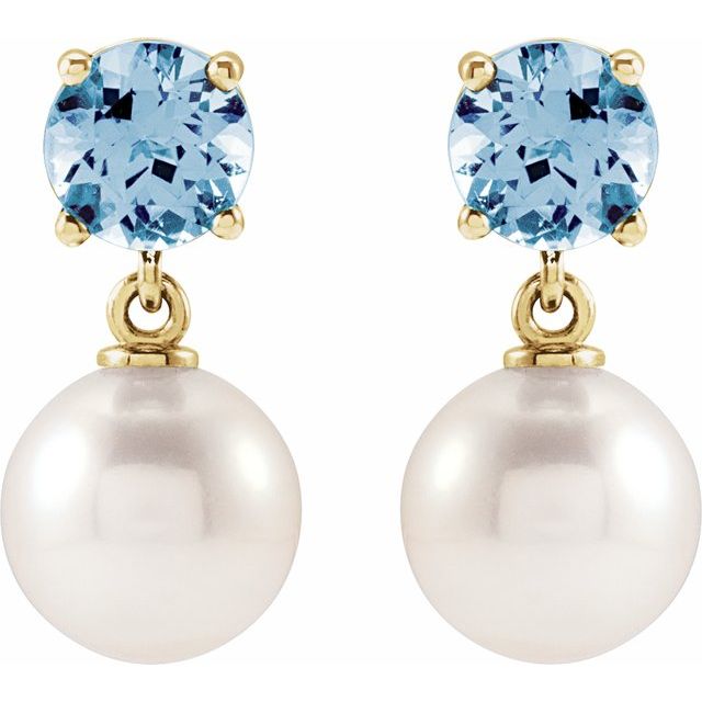 14K Yellow Cultured White Akoya Pearl & Natural Aquamarine