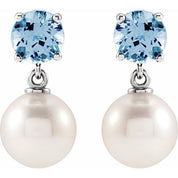 14K White Cultured White Akoya Pearl & Natural Aquamarine