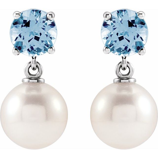 14K White Cultured White Akoya Pearl & Natural Aquamarine