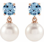 14K Rose Cultured White Akoya Pearl & Natural Aquamarine