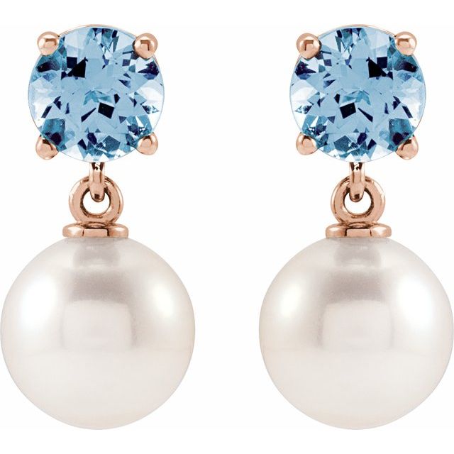 14K Rose Cultured White Akoya Pearl & Natural Aquamarine