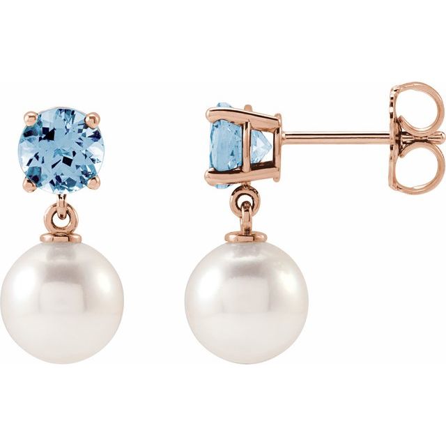 14K Rose Cultured White Akoya Pearl & Natural Aquamarine