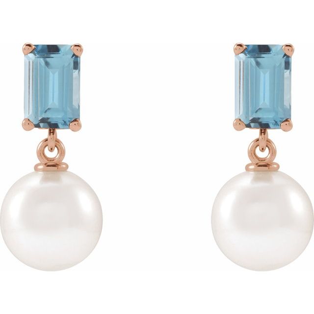 14K Rose Cultured White Akoya Pearl & Natural Aquamarine