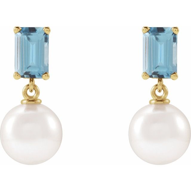 14K Yellow Cultured White Akoya Pearl & Natural Aquamarine