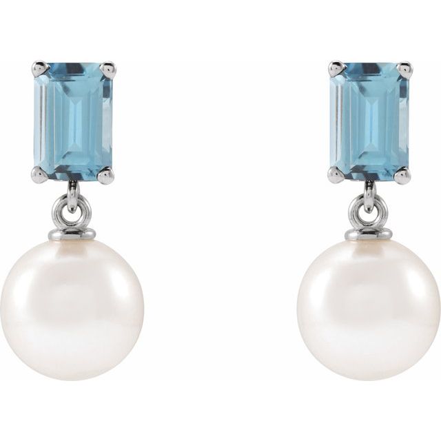 14K White Cultured White Akoya Pearl & Natural Aquamarine