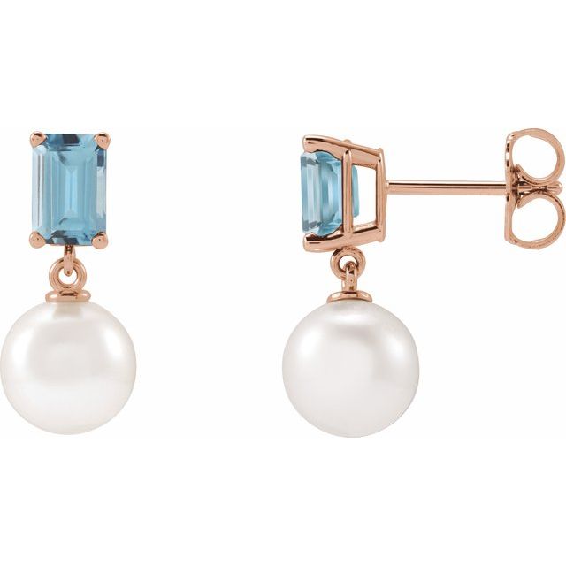 14K Rose Cultured White Akoya Pearl & Natural Aquamarine