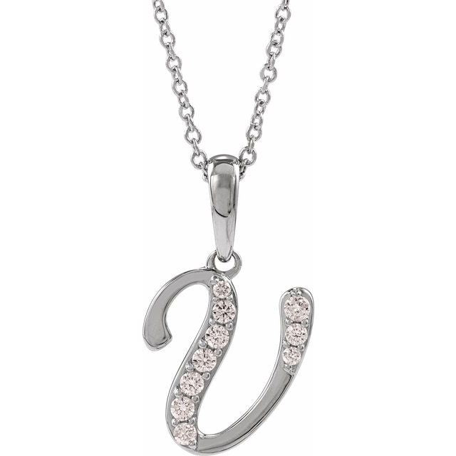 14K White 1/8 CTW Natural Diamond Initial V 18" Necklace