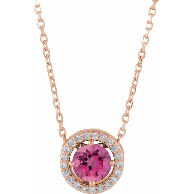 14K Rose Natural Pink Tourmaline & .05 CTW Natural Diamond Halo-Style 16" Necklace