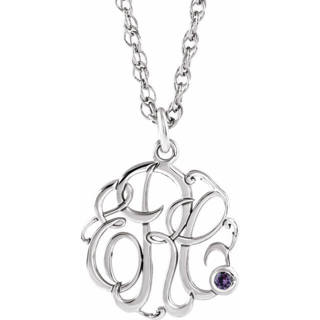 Rhodium-Plated Sterling Silver Imitation Alexandrite 3-Initial Script Monogram Necklace