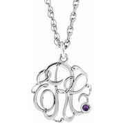 Rhodium-Plated Sterling Silver Imitation Amethyst 3-Initial Script Monogram Necklace