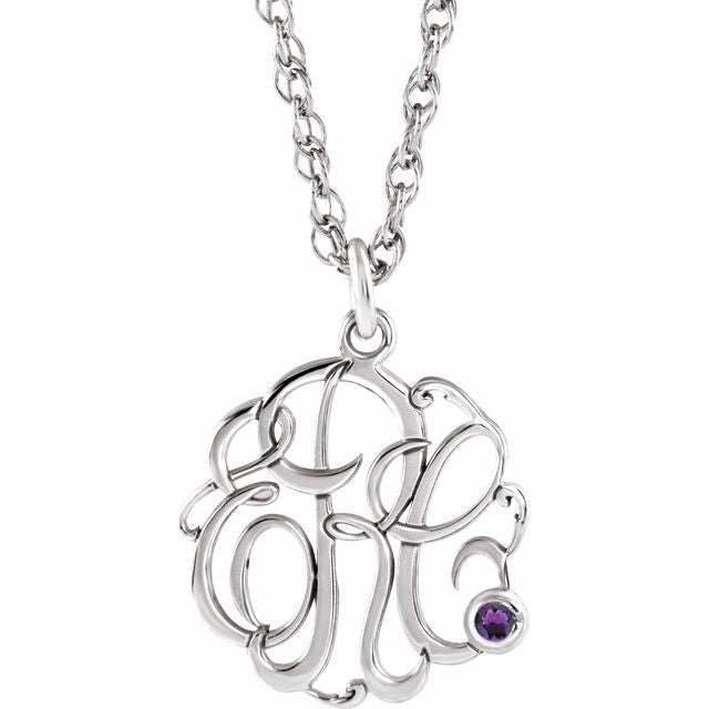 Rhodium-Plated Sterling Silver Imitation Amethyst 3-Initial Script Monogram Necklace