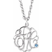 Rhodium-Plated Sterling Silver Imitation Aquamarine 3-Initial Script Monogram Necklace