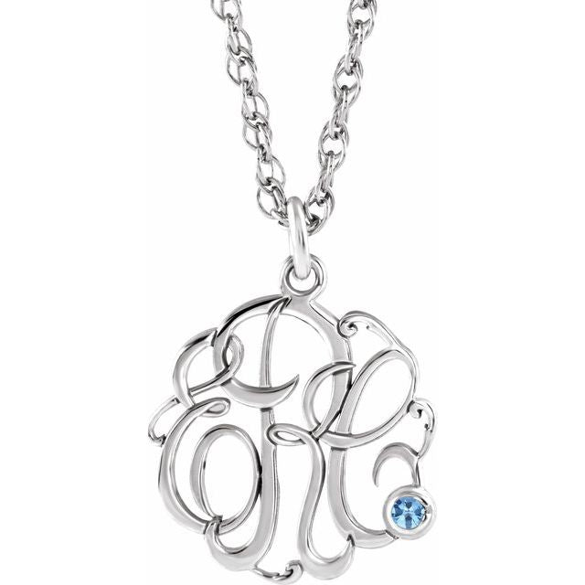 Rhodium-Plated Sterling Silver Imitation Aquamarine 3-Initial Script Monogram Necklace