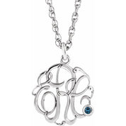 Rhodium-Plated Sterling Silver Imitation Blue Zircon 3-Initial Script Monogram Necklace