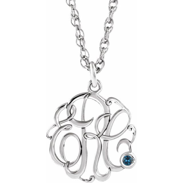 Rhodium-Plated Sterling Silver Imitation Blue Zircon 3-Initial Script Monogram Necklace