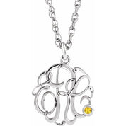 Rhodium-Plated Sterling Silver Imitation Citrine 3-Initial Script Monogram Necklace