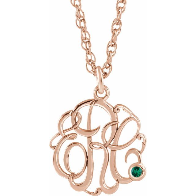 14K Rose Gold-Plated Sterling Silver Imitation Emerald 3-Initial Script Monogram Necklace