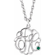 Rhodium-Plated Sterling Silver Imitation Emerald 3-Initial Script Monogram Necklace