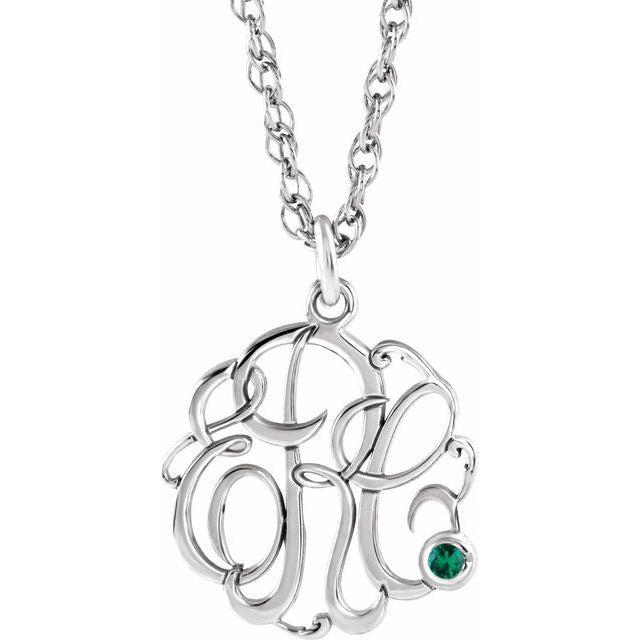 Rhodium-Plated Sterling Silver Imitation Emerald 3-Initial Script Monogram Necklace