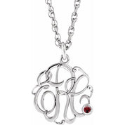 Rhodium-Plated Sterling Silver Imitation Mozambique Garnet 3-Initial Script Monogram Necklace