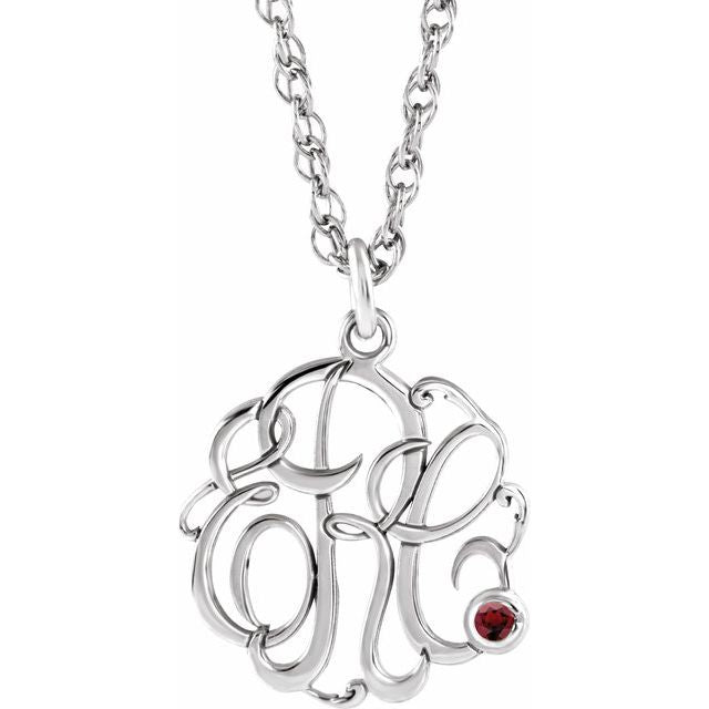 Rhodium-Plated Sterling Silver Imitation Mozambique Garnet 3-Initial Script Monogram Necklace
