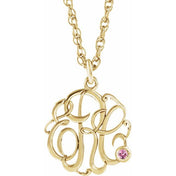 10K Yellow and White Imitation Pink Tourmaline Script Monogram Necklace with 2 or 3 Initials