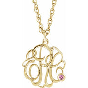 10K Yellow and White Imitation Pink Tourmaline Script Monogram Necklace with 2 or 3 Initials