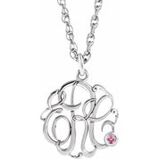Rhodium-Plated Sterling Silver Imitation Pink Tourmaline 3-Initial Script Monogram Necklace