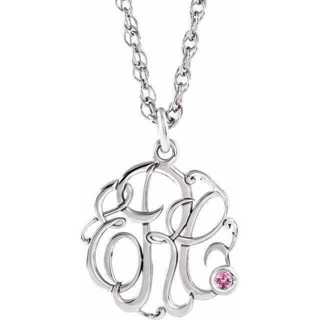 Rhodium-Plated Sterling Silver Imitation Pink Tourmaline 3-Initial Script Monogram Necklace