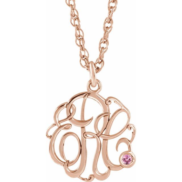 14K Rose Gold-Plated Sterling Silver Imitation Pink Tourmaline 3-Initial Script Monogram Necklace