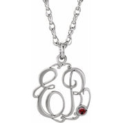 Rhodium-Plated Sterling Silver Imitation Mozambique Garnet 2-Initial Script Monogram Necklace